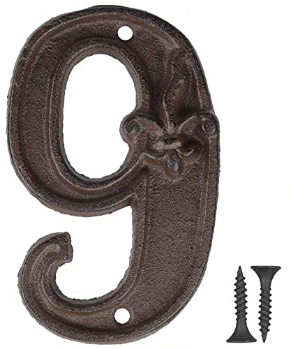 Vandicka 4.6 inch Cast Iron House & Door Number 9, Rustic Address Number Sign, Mailbox Number, Antique Brown Finish with Fleur De Lis Embossed, Matching Screws Included