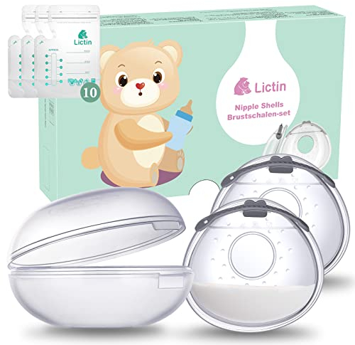 Lictin Brustschalen Set - Brustwarzenschutz Milchauffangschale mit weich und wiederverwendbar Stilleinlagen (2 Stück) mit 10 Muttermilchbeutel