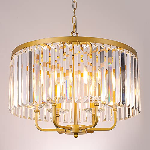 Wellmet Lustre en cristal doré antique - Lampe suspendue - Pour salle à manger - Moderne - 6 lumières - Diamètre : 52 cm - Bougie - Lustre en cristal rond - Éclairage de salon, cuisine, cage