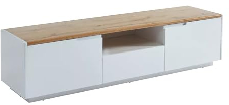 Vente-unique - Mueble TV Amani - 2 Puertas y 1 cajÛn - MDF Lacado Blanco - Color: Blanco y Roble
