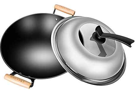 YYUINU Wok De Hierro Fundido con Orejas Dobles, Wok De Hierro Fundido, Apto para Freír, Freír, Hervir, Freír, with lid-φ46cm
