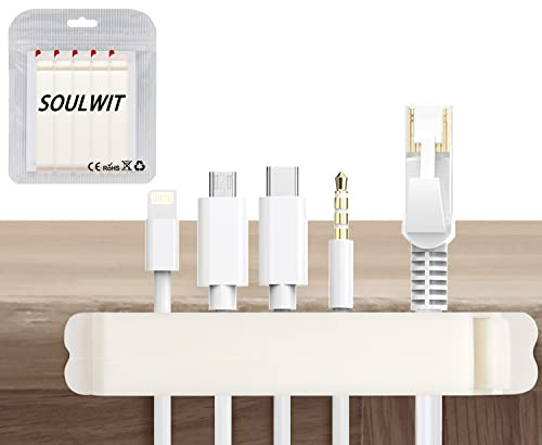 SOULWIT Cable Holder Clips, 5 Pack Self Adhesive Cord Organiser for Home/Office/Desk/Car/Phone/USB Cable Wire Management (for Cables Less than 5mm/0.2in)-White