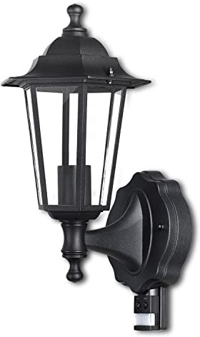EXTRASTAR Outdoor 6 Sided Black Wall Lantern Security Light with PIR Motion Sensor Traditional Style Wall Light IP44 with E27 Screw Socket（Bulb not Included）