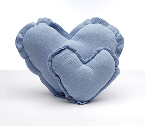 von Herzen Handmade Musselinkissen aus 100% Baumwolle Kuschelkissen I Dekokissen aus Musselin in Herzform I Herzkissen für Sofa & Bett I Handgenäht (Groß (Ø ca. 32cm), Hellblau)