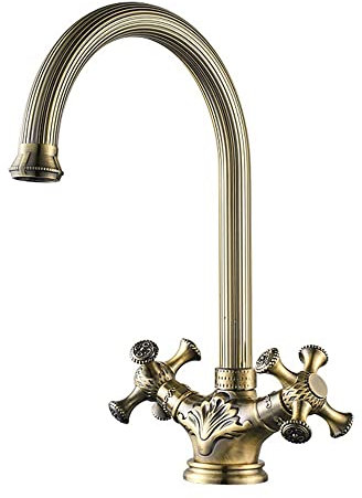 Kitchen Tap Antique Brass Kitchen Tap, Carved Pattern Body and Handle Kitchen Faucets Mixer, Hot Cold Tap Antique Tap Faucet