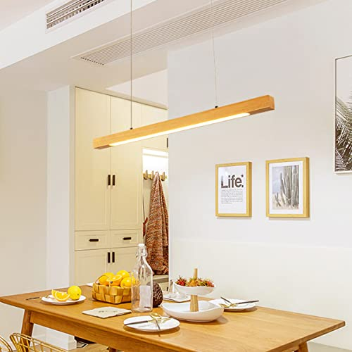 Bellastein Holz Pendelleuchte Dimmbar Mit Fernbedienung Pendellampe Holzbalken höhenverstellbar Kronleuchter Wohnzimmer, Deko Lampe Holzlampe Lichtfarbe 3000-6500 Kelvin (‎Holzfarbe, L150cm)