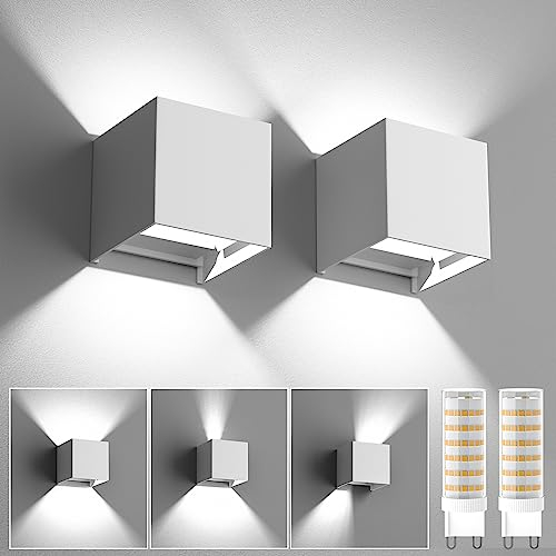 HaoDrisk 2 Pezzi 9W Applique da Esterno/Interno LED 6000K Lampada da Parete Moderno, Applique cubo in Alluminio, Angolo di Diffusione Regolabile, IP65 Impermeabile(Bianco)