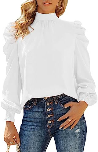 Dokotoo Women's Blouses Shirts Elegant Puff Sleeve Turtleneck Ruffle Chiffon Womens Pullover Blouse Top Casual Loose Spring Fall Ladies Tops White XL UK 18-20