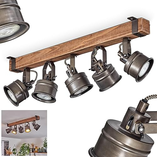 HOFSTEIN Deckenleuchte Pehefito, verstellbare Deckenlampe aus Metall/Holz in Schwarz/Braun, Leuchte im Industrial/Retro/Vintage-Design mit Holzbalken, 5 x GU10, Wohnzimmer, Esszimmer, Schlafzimmer