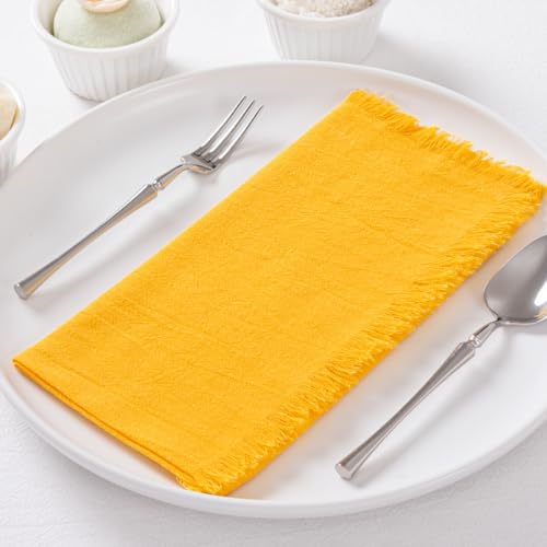 DeZerlor 12 Stück goldene Baumwoll-Leinen-Servietten mit Fransen, Thanksgiving Herbst Stoffservietten, Set mit 12 Stück, Boho, handgefertigte Abendessen, Tischservietten, Großpackung für Hochzeit