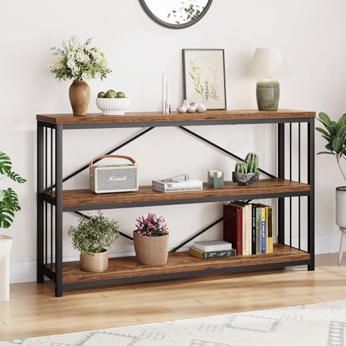 LVB Konsolentisch Schwarz, 3 Ebenen Bücherregal, Schmaler Konsolentisch Holz für Wohnzimmer, Flur und Büro, Sofatisch mit Stauraum, 140 x 34 x 74 cm