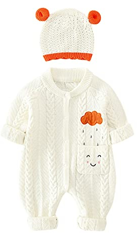 FGUUTYM Baby Strampler Neugeborene: Weihnachten Spielanzug Schneeanzug 2 STÜCKE Outfits Set Baby Overall + Hut Babystrampler Langarm Strampler Jumpsuit Babykleidung Strick Babyoverall