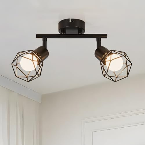 FORCOSO Deckenstrahler Schwarz 2 Flammig - Schwenkbar Vintage LED E14 | Deckenlampe Küche Strahler Wandleuchte für Innen für Wohnzimmer Schlafzimmer Flur(NO Glühbirne)
