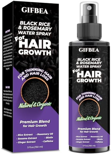 GIFBEA Organic Black Rice Water Hair Growth Serum Spray, 5 Fl Oz, Rosemary Scent, For All Hair Types, With Biotin, Castor Oil, Caffeine, Hair Loss Treatment