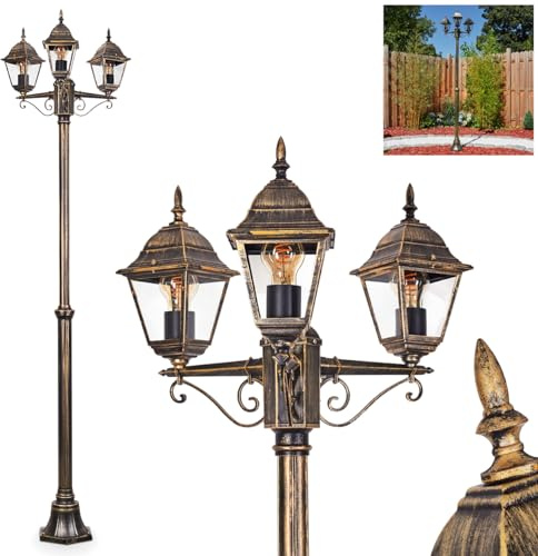 HOFSTEIN Kandelaber Naofe, Außenwegeleuchte aus Metall/Glas in Braun-Gold/Klar, Wegeleuchte im Landhaus/Antik/Retro/Vintage-Design für Garten, Außenbereich, Terrasse, Hof, Höhe max. 220cm, 3xE27, IP44