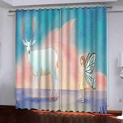 Kinder Vorhänge Schlafzimmer Cartoon Schmetterling Mädchen Elch Schiebegardinen Blickdichter Bedroom Children's Room Vorhang Mit Ösen Verdunkelungsgardine, Vorhänge 3D Wohnzimmer 2 X -9K9T3I6C7N4