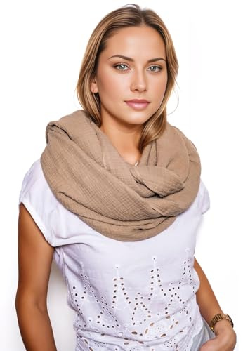 Scandi Linen Musselin Loop Sciarpa da donna, sciarpa tubolare, da donna, in mussola, da donna, estiva, leggera, ad anello, beige., Taglia unica