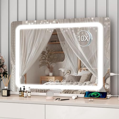 Dradaomull Schminkspiegel mit Beleuchtung, Großer Hollywood Spiegel mit USB und 10x-Lupe, 3 Lichtfarben, Wandspiegel, Tischspiegel für Make up Spiegel- 80x55cm (Weiß)