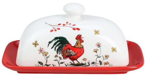 Sizikato Mantequera clásica de porcelana con tapa, hermoso patrón de gallo