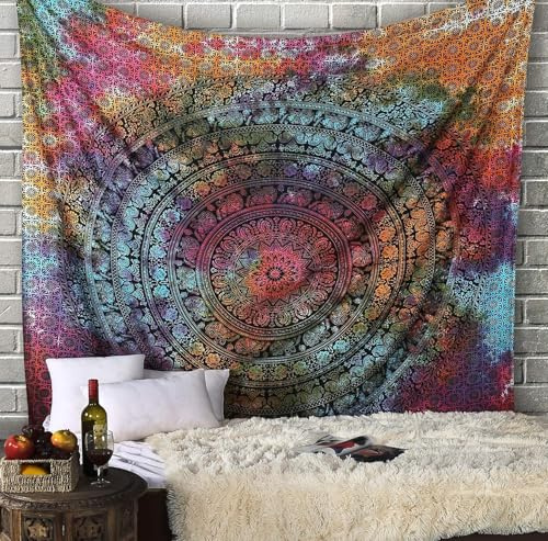 Craft Trade Mandala Mehrfarbig Wandteppich Indische Wandtuch Tapestry Wandbehang Boho Wandteppiche für Heimdeko Wohnzimmer und Schlafzimmer - 127 x 152 cm
