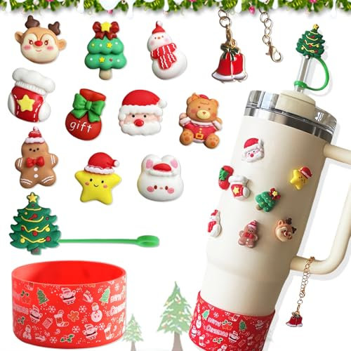 Set de accesorios navideños para Stanley, compble con vasos Stanley de 20/30/40 oz, compuesto por 1 tapa de pajita, 10 pegatinas 3D, 1 colgante de taza y 1 bota de siliocne Stanley (Rojo)