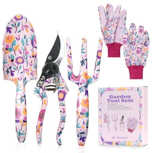 Gardening Gifts for Women Mum - Velway 5-Piece Gardening Tools with Gift Box&Gloves Floral Print Metal Garden Tools Set for Ladies Gardeners Mothers Day Christmas Birthday