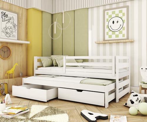 thematys Kinderbett Jugendbett mit Ausziehbett und 2 Schubladen Weiß 90x200cm mit Rausfallschutz für 2 Kinder Jungen und Mädchen