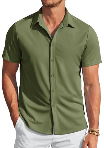 COOFANDY Herren Hemd Kurzarm Casual Sommerhemden Button Down Freizeithemden für Männer Strand Shirt Bügelfrei Einfarbig Armeegrün L