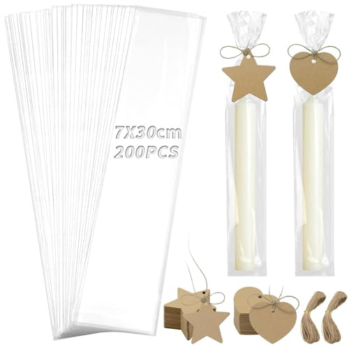 TXXATX Cellophantüten Klar 200 Stk Kerzentüten 7x30 cm Zellophantüten OPP Tütchen mit 200 Kraftpapier Geschenkanhänger und Schnur für Kerzen Süßigkeiten Biscuit Verpackung Hochzeit Party Valentinstag