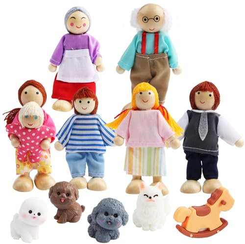 SRunDe 12 Stück Puppenhaus Puppen, Biegepuppen Puppenhaus Figuren Familie Set Holzpuppe Spielzeug mit Katze und Hund für Puppenhäuser Puppenfamilien Mitglieder Spielzeug Zubehör Geschenk