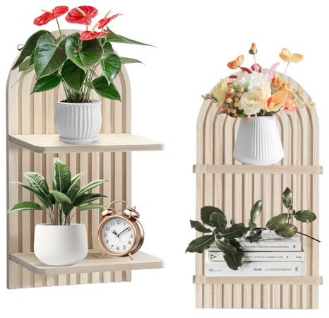 FOGARI Wandregal Holz Boho Wanddeko- Holz Wand Deko, HöLzerne Wanddekoration Kinderzimmer, Balkon, Badezimmer, Wanddeko Schlafzimmer (2 Stück)
