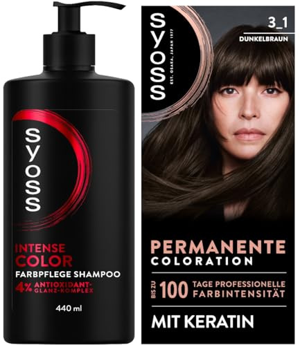 SYOSS Coloration 3_1 Dunkelbraun (115 ml) mit Keratin, professionelle Farbintensität & Shampoo Intense Color Farbpflege Shampoo (440 ml) Haarshampoo für gesträhnte oder gefärbte Haare, Farbschutz