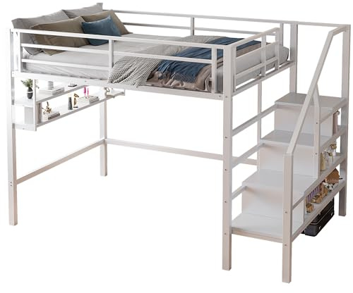 SOFTWEARY Hochbett mit Lattenrost, Regal und Treppe, Kinderbett mit Rausfallschutz, Jugendbett, Metallbett (weiß, 140x200 cm)