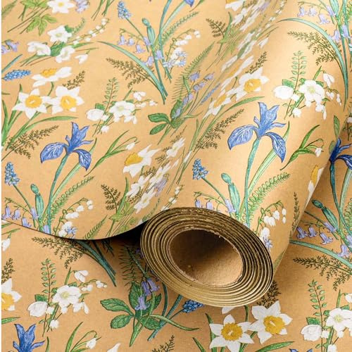 Wikadlik Blumen Kraft Geschenkpapier, 43 cm x 10 m, weiß-blau, Aquarellblüte, Geschenkpapier für Geburtstag, Babyparty, Muttertag, Hochzeit, Valentinstag