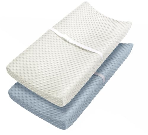 Babebay Changing Pad Cover, Ultra Soft Minky Dots Plush Changing Table Covers for Baby Boys and Girls, Breathable, 2 Pack(Blue Gray & Lily White)