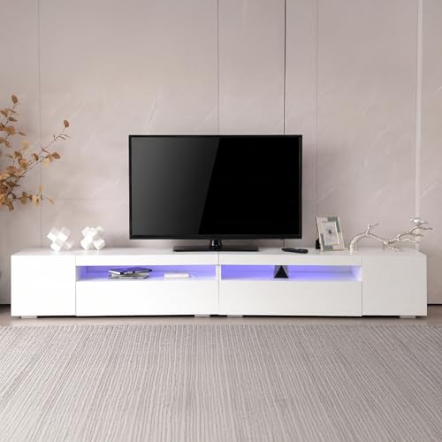 Jaxenor 240cm TV Lowboard Weiß, Helles Panel TV Board Wohnzimmer mit Variable LED-Beleuchtung, Modern TV Schrank, Fernsehschrank, Wohnzimmer Möbel, Glänzendes Panel, Nicht Hochglänzend, Weiß