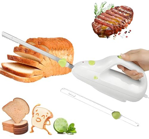 Elektrisches Brotmesser,Tranchiermesser, kabelloser,wiederaufladbarer Brotschneider und Fleischschneider mit 2 8-Zoll-Klingen aus rostfreiem Stahl,Sicherheitsverriegelungsschalter,for Familien,Fleisch