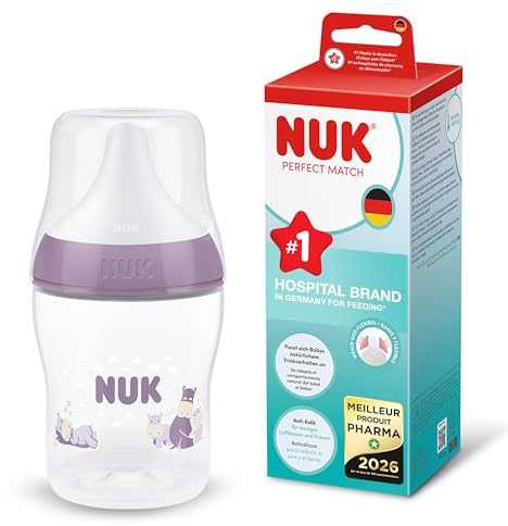NUK Perfect Match Babyflaska | 0+ månader | 150 ml | Anti-kolikmatningsflaska | PP | Temperaturindikator | Flodhäst | 1 styck