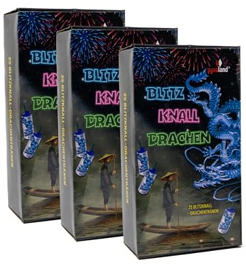 Pyroland Blitz Knall Drachen, 75 Drachen-Fontänen (3 x 25'er) mit Knalleffekt, Tischfeuerwerk für Geburtstag, Hochzeit und andere Feiern