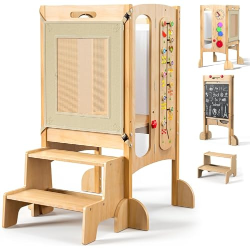 SOFTHOM Plegable Torre de Aprendizaje, 5 en 1 Multifuncional Torre de Aprendizaje para Niños, con Pizarra, 360° Red de Seguridad, 100% Abedul Natural, Protección Antivuelco, 95% Ensamblado, Natural