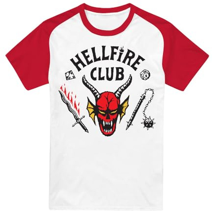 Stranger Things Hellfire Club Raglan T-Shirt Baseball à Manches Courtes, Blanc