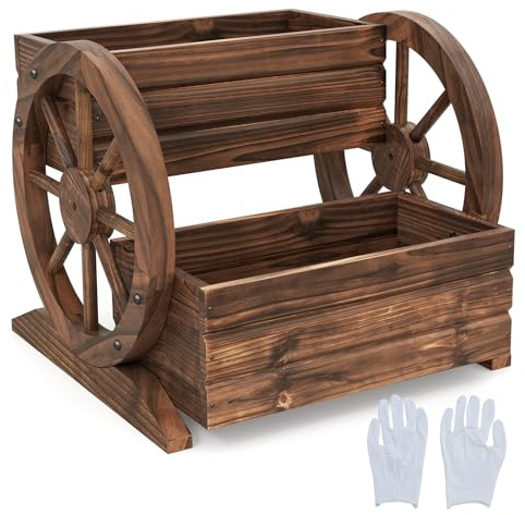 FANTASK dekorativer Holzwagen, Pflanzkasten Holz mit Wagenrad, Blumenkasten mit 2 Etagen & Ablauflöchern, rustikal Blumenbeet, Garten Deko für Terrasse Balkon Garten (Braun)