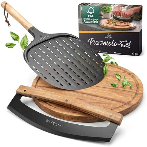 LIKAYA Pizzaiolo Set – Pizza Zubehör Profi Set mit Pizzaschieber 32x62cm, Pizzabrett 35cm & Pizza Wiegemesser 36cm – Pizzaschaufel, Pizzamesser & Pizza Brett aus FSC-Akazienholz