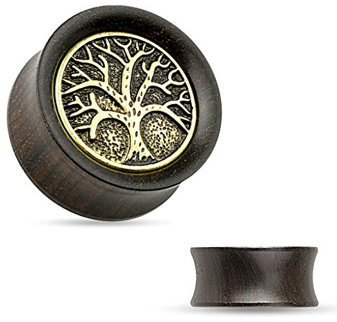 BlackAmazement Ebenholz Messing Flesh Tunnel Plug Piercing Lebensbaum Tree of Life Herren Damen