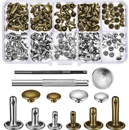 120 Set Leder Nieten Doppelkappe Rivet Buttons mit Einstellung Tool Kit und Aufbewahrungsbox für DIY Lederhandwerk, 3 Größen (Silber und Bronze)