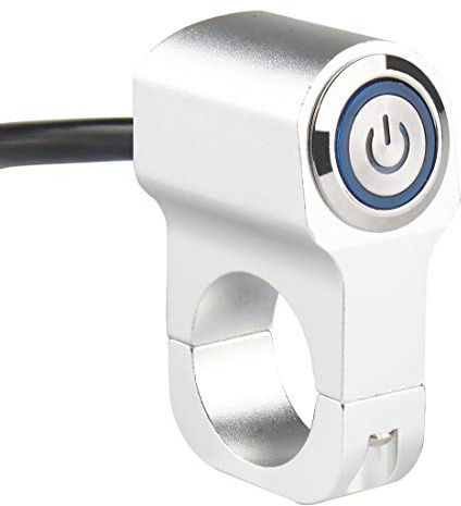 Larcele Motociclo Manubrio Faro Interruttore a Pulsante con Anello e Simbolo di Potenzab Indicatore Luminoso, Diametro Universale 22mm SBKG-06(Argento,Blu Indicatore Luminoso)