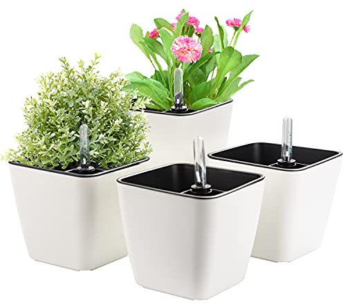 Herefun Plastik Selbstbewässerung Blumentopf mit Wasseranzeiger, 4er-Set Plastik Pflanzgefäße Selbstwässernde Wasserspeicher Pflanzgefäße Klein Blumentopf Pflanztopf für Zimmerpflanzen(A)