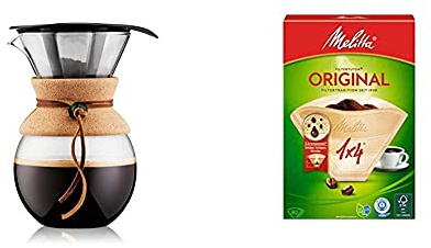 BODUM 11571 109 1L Pour Over Coffee Maker with Permanent Filter, Layered, Transparent & Melitta 6658076 Pack Original Size 1x4, 80, Filter Coffee Makers, Brown, Paper
