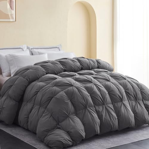 SNOWMAN Premium Down Comforter Queen Size, Luxurious All Season Duvet Insert with Cotton Blended Fabric, Pinch Pleat Design Hotel Bedding Comforter (Grey,90x90)