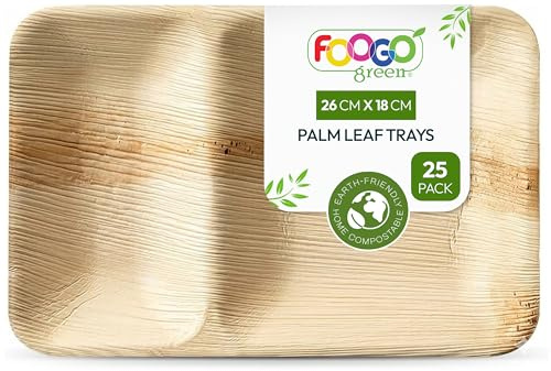 FOOGO Green 25 Plateaux de Partition Jetables Feuille de Palmier, Moyen 26x18 cm, Pizza, Entrées, Canapés, Planche Charcuterie, Robuste et Ecologique, Comme Plateaux en Bois, pour Plats Chauds
